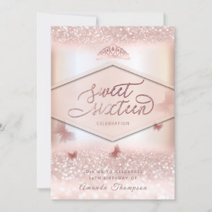 Rose gold glittery butterfly tiara calligraphy  invitation