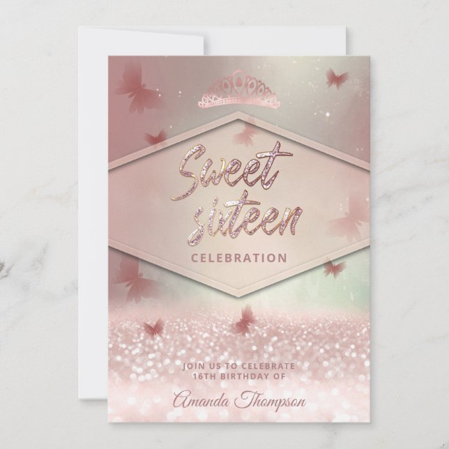 Rose gold glittery butterfly tiara calligraphy  invitation (Front)