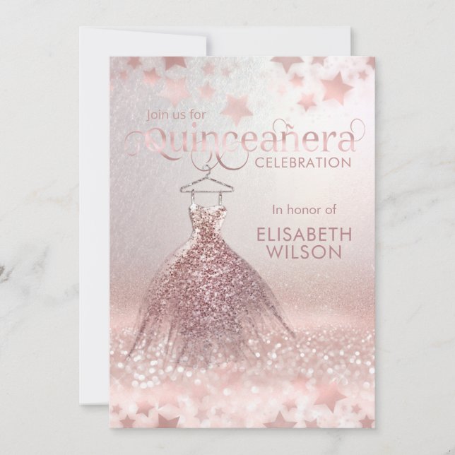 Rose gold glittery dress stars Quinceañera  Invita Invitation (Front)