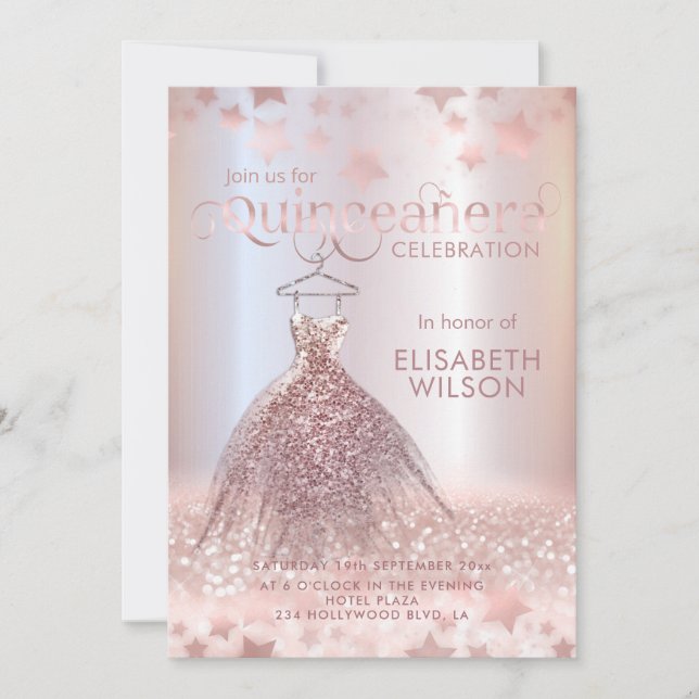 Rose gold glittery dress stars Quinceañera  Invitation (Front)