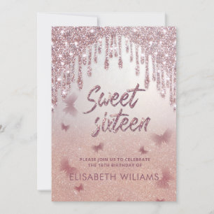 Rose gold glittery drips ombre butterfly invitati invitation