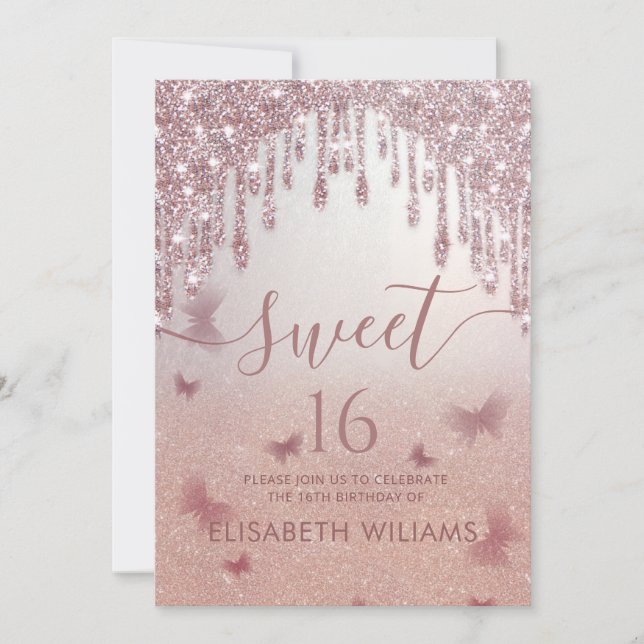 Rose gold glittery drips ombre butterfly  invitati invitation (Front)