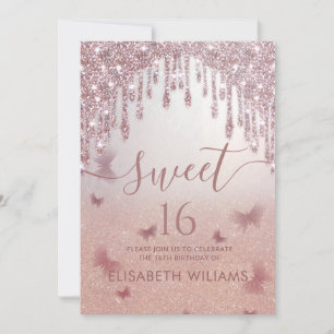 Rose gold glittery drips ombre butterfly invitati invitation