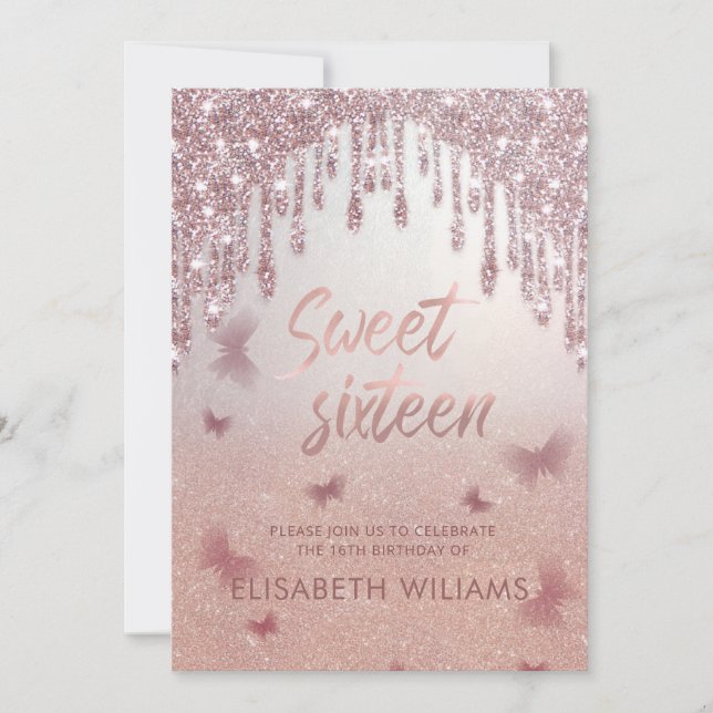 Rose gold glittery drips ombre butterfly  invitation (Front)