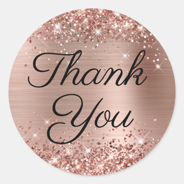Rose Gold Glittery Elegant Calligraphy Thank You Classic Round Sticker (Front)
