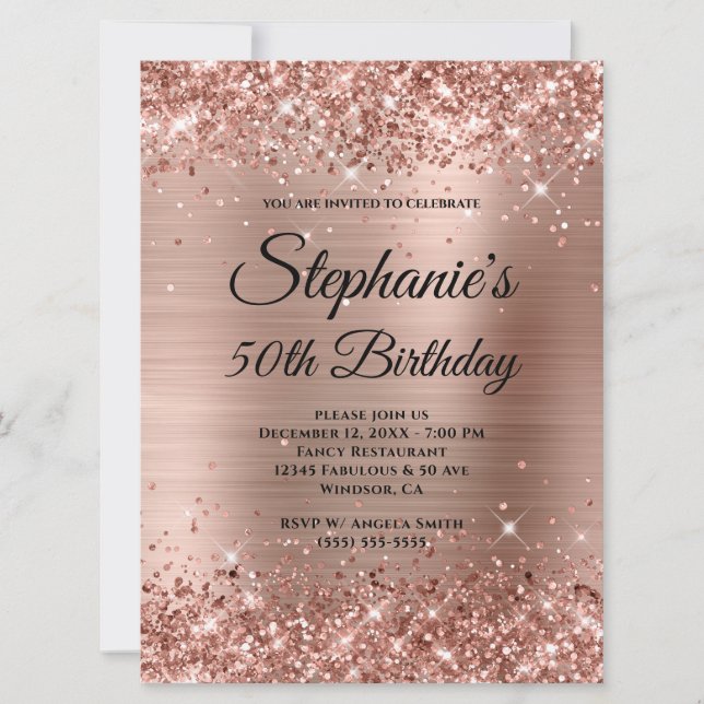 Rose Gold Glittery Foil Fancy Monogram Birthday Invitation (Front)