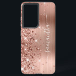 Rose Gold Glittery Foil Girly Signature Samsung Galaxy Case<br><div class="desc">Girly faux sparkly rose gold glitter highlights on the left edge, over a faux blush and rose gold ombre brushed metal foil. The modern girly signature features an elegant white calligraphy font with decorative tails in a vertical format. Customise the font styles or move the sparkle graphics to create your...</div>