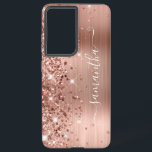 Rose Gold Glittery Foil Girly Signature Samsung Galaxy Case<br><div class="desc">Girly faux sparkly rose gold glitter highlights on the left edge, over a faux blush and rose gold ombre brushed metal foil. The modern girly signature features an elegant white calligraphy font with decorative tails in a vertical format. Customise the font styles or move the sparkle graphics to create your...</div>