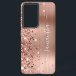 Rose Gold Glittery Foil Girly Signature Samsung Galaxy Case<br><div class="desc">Girly faux sparkly rose gold glitter highlights on the left edge, over a faux blush and rose gold ombre brushed metal foil. The modern girly signature features an elegant white calligraphy font with decorative tails in a vertical format. Customise the font styles or move the sparkle graphics to create your...</div>