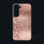 Rose Gold Glittery Foil Girly Signature Samsung Galaxy Case<br><div class="desc">Girly faux sparkly rose gold glitter highlights on the left edge, over a faux blush and rose gold ombre brushed metal foil. The modern girly signature features an elegant white calligraphy font with decorative tails in a vertical format. Customise the font styles or move the sparkle graphics to create your...</div>