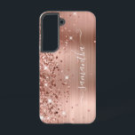 Rose Gold Glittery Foil Girly Signature Samsung Galaxy Case<br><div class="desc">Girly faux sparkly rose gold glitter highlights on the left edge, over a faux blush and rose gold ombre brushed metal foil. The modern girly signature features an elegant white calligraphy font with decorative tails in a vertical format. Customise the font styles or move the sparkle graphics to create your...</div>
