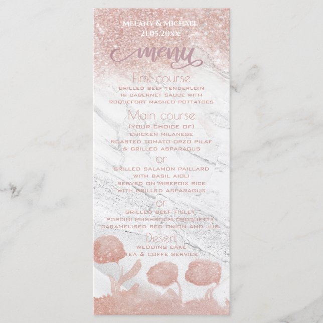 Rose gold glittery marble floral calligraphy menu (Front)