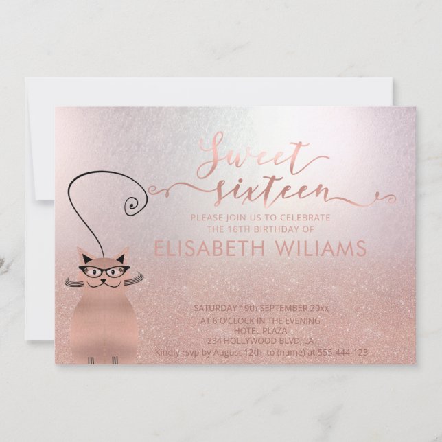 Rose gold glittery ombre calligraphy funny cat invitation (Front)