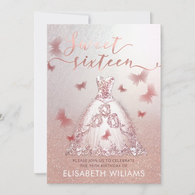 Rose gold glittery ombre dress charming butterfly  invitation (Front)