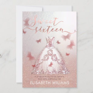 Rose gold glittery ombre dress charming butterfly invitation