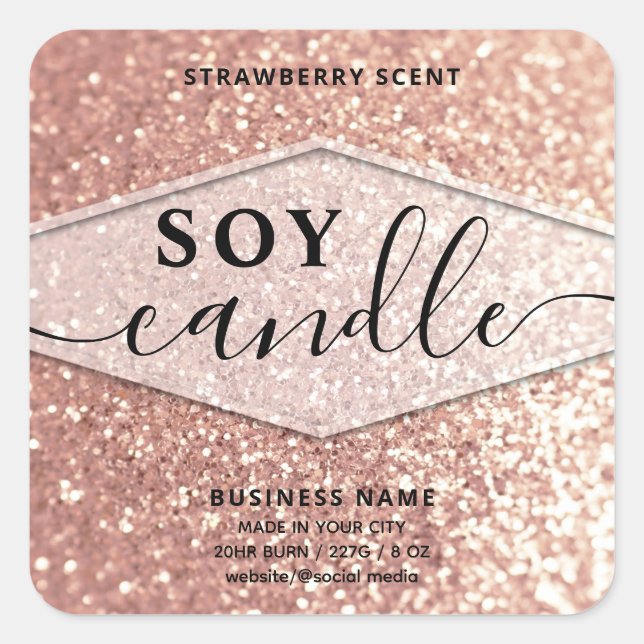 Rose gold glittery script soy candle label (Front)