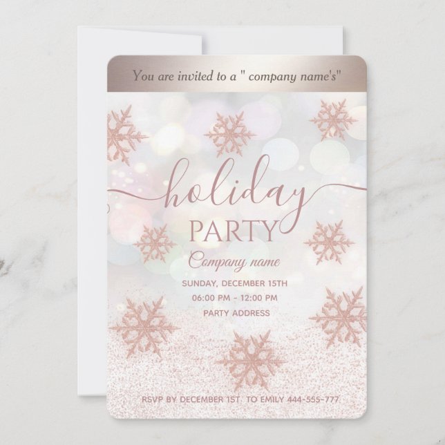 Rose gold glittery snowflake Christmas party Invitation (Front)