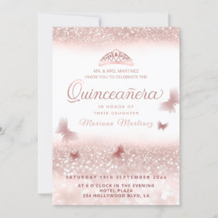 Rose gold glittery tiara calligraphy Quinceañera I Invitation
