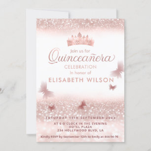 Rose gold glittery tiara calligraphy Quinceañera Invitation