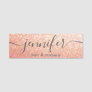 Rose gold glittery trendy script modern name tag