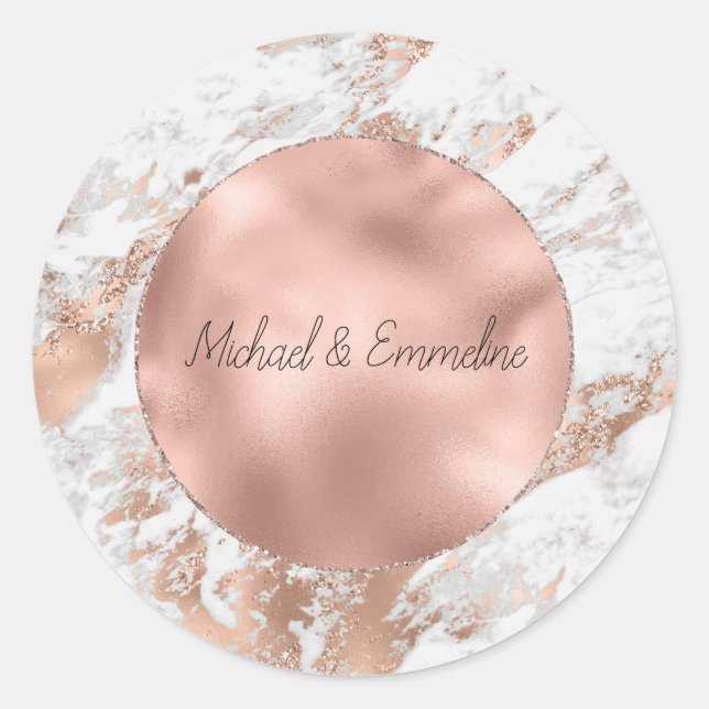 Rose Gold Glitz White Marble Wedding Classic Round Sticker (Front)