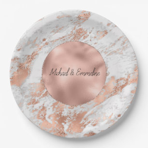 Rose Gold Glitz White Marble Wedding     Paper Plate