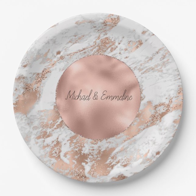 Rose Gold Glitz White Marble Wedding     Paper Plate (Front)