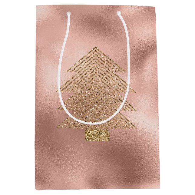 Rose Gold Glitzy Glitter Christmas Tree Medium Gift Bag (Front)