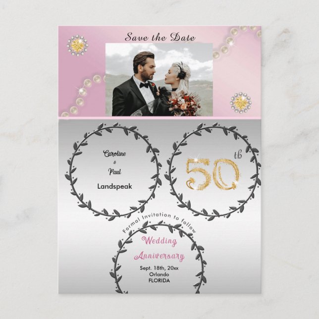 Rose Gold & Gold 50th Anniversary Save the Date Postcard (Front)