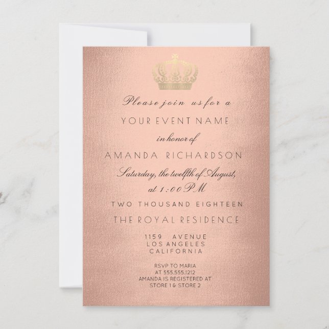 Rose Gold Gold Crown Royal Glitter 16th Bridal Lux Invitation (Front)