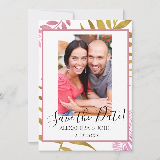 Rose Gold & Gold Foil Tropical Save the Date (Front)