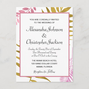 Rose Gold & Gold Foil Tropical Wedding Invitation Postcard