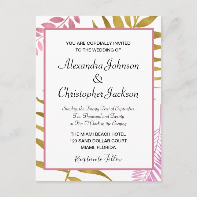 Rose Gold & Gold Foil Tropical Wedding Invitation Postcard (Front)