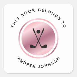 Rose Gold Golf Girl Golfer Bookplate Pink Sporty Square Sticker