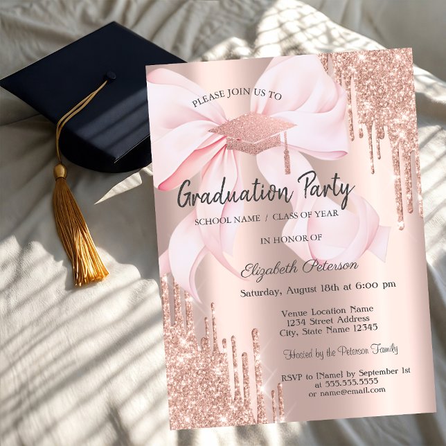 Rose Gold Grad Cap Drips Bow Photo Graduation Invitation (Creator Uploaded)