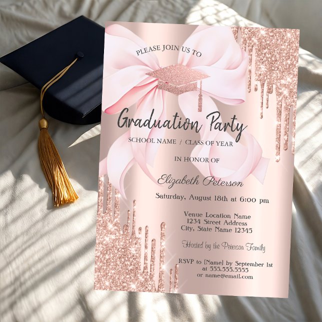 Rose Gold Grad Cap Glitter Drips Bow Graduation Invitation (Creator Uploaded)