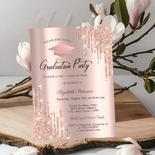 Rose Gold Grad Cap Glitter Drips,Graduation Invitation