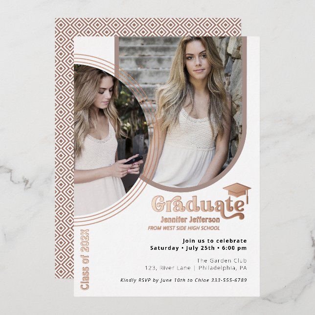  Rose Gold Graduation 2 Photos Foil Invitation (Front/Back)