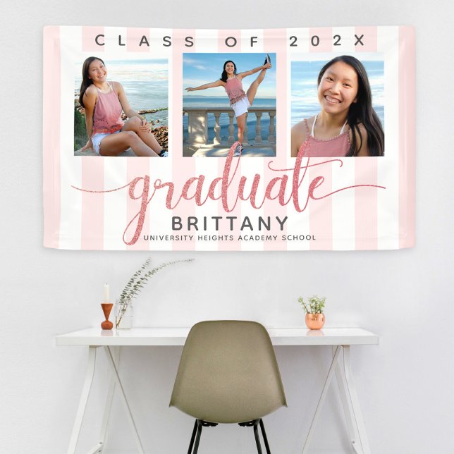 Rose gold graduation 3 photo modern glitter script banner (Creator Uploaded)