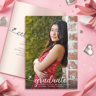 Rose Gold Graduation Photo Modern Script Hearts Announcement