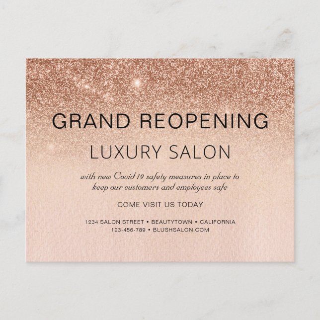 Rose Gold Grand Reopening Glitter Hair Salon Announcement Postcard (Front)