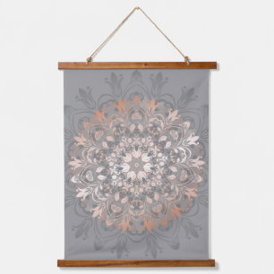 Rose Gold Gray Floral Mandala Hanging Tapestry