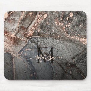 Rose Gold Gray Ink Marble Monogram Mouse Mat