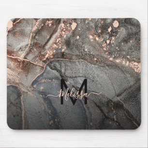 Rose Gold Gray Ink Marble Monogram Mouse Mat