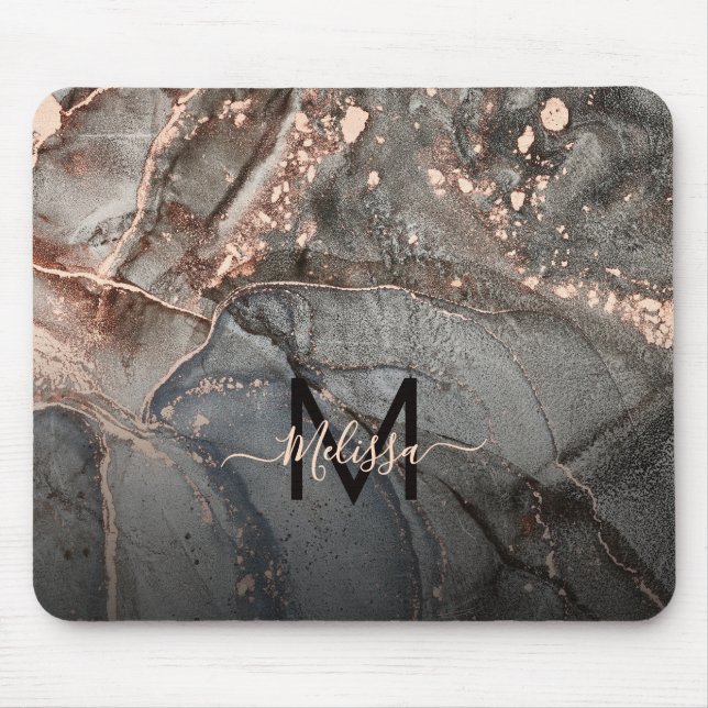 Rose Gold Gray Ink Marble Monogram  Mouse Mat (Front)