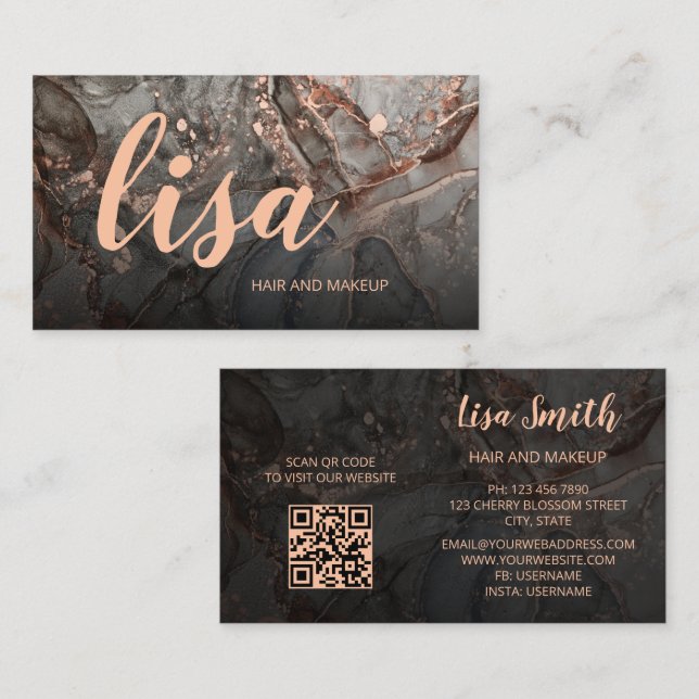 Rose Gold Gray Ink Marble Scan QR Code Business Ca Business Card (Front/Back)