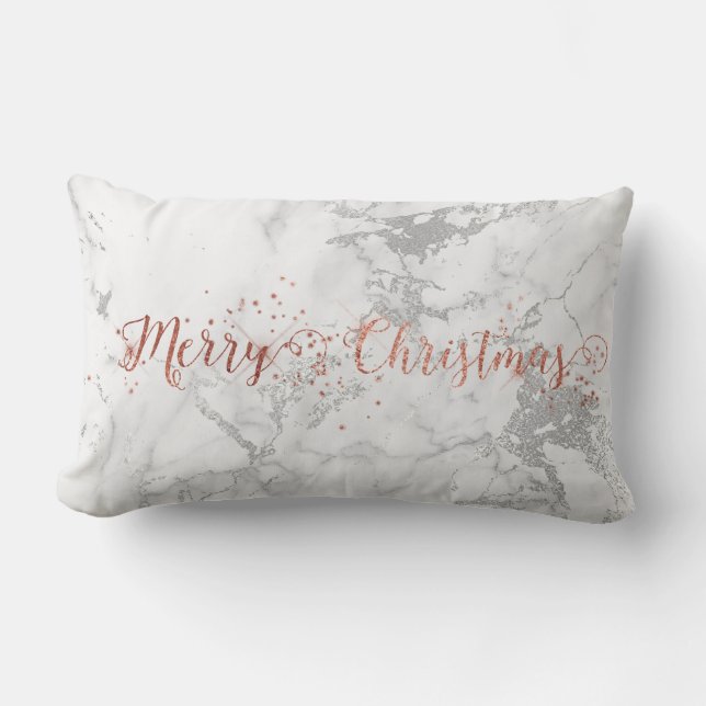 Rose Gold Gray Silver White Marble Merry Christmas Lumbar Cushion (Front)