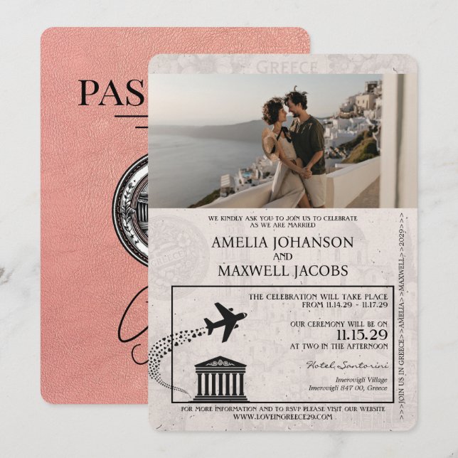 Rose Gold Greece Passport Wedding Invitation (Front/Back)