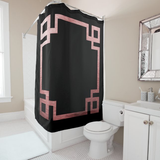 Rose Gold Greek Key Print on Black Shower Curtain (In Situ)