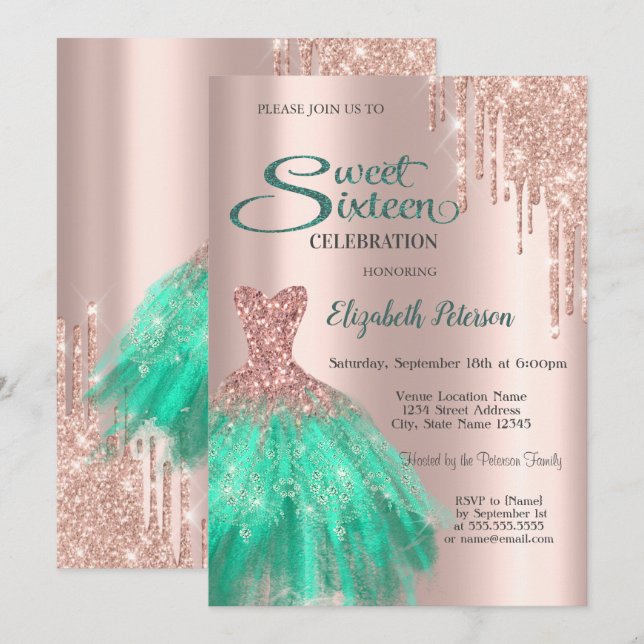 Rose Gold Green Dress Sweet 16 Invitation (Front/Back)